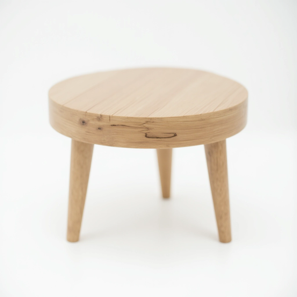 Natural oak wooden side table with angled legs, clean Scandinavian design, photographed against white background showing wood grain detail