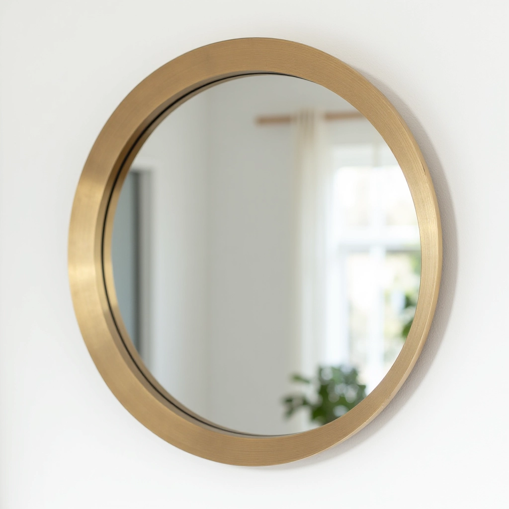 Round mirror with brushed brass frame, contemporary design, interior space reflected in mirror showing light interior, sharp focus on frame and glass