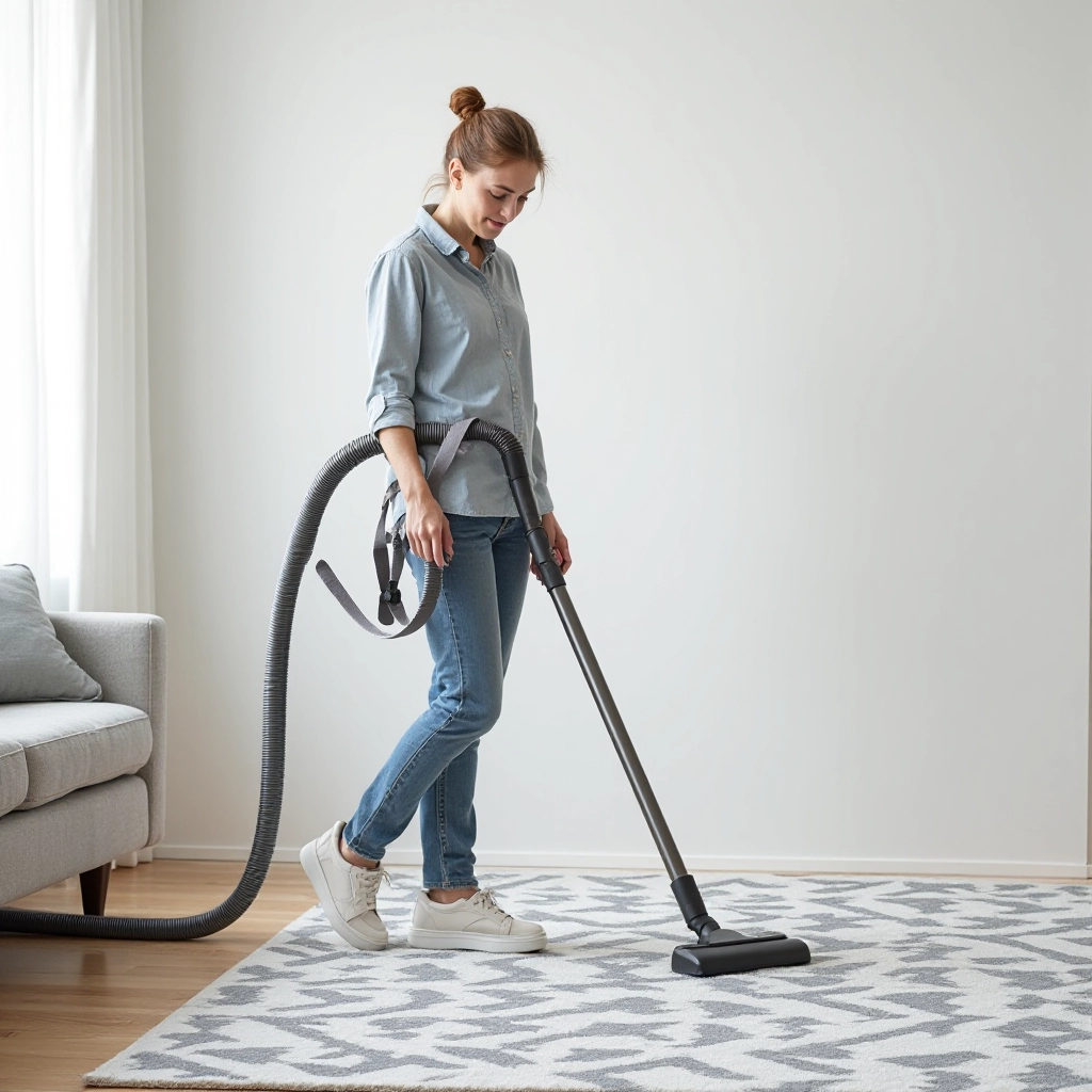 Person vacuuming grey area rug with upright vacuum, proper rug care technique demonstration